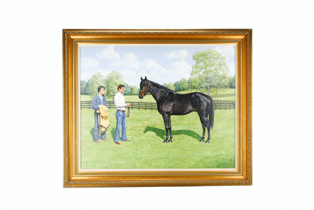 Walter L. Brown Oil Painting on Canvas Portrait of a Bay Horse with Two Men