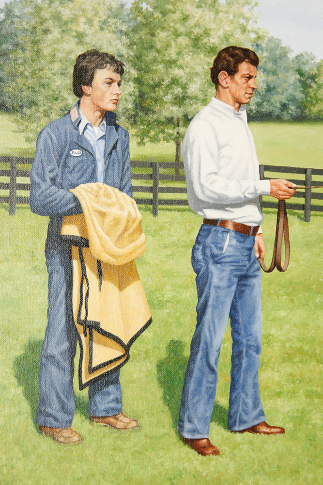 Walter L. Brown Oil Painting on Canvas Portrait of a Bay Horse with Two Men
