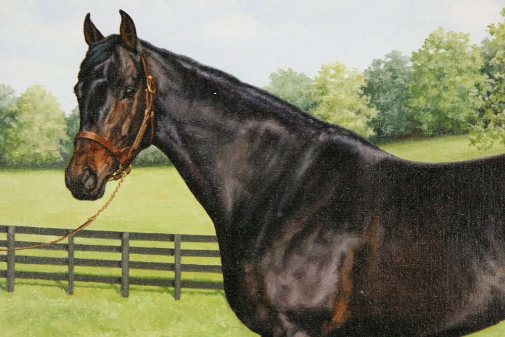 Walter L. Brown Oil Painting on Canvas Portrait of a Bay Horse with Two Men