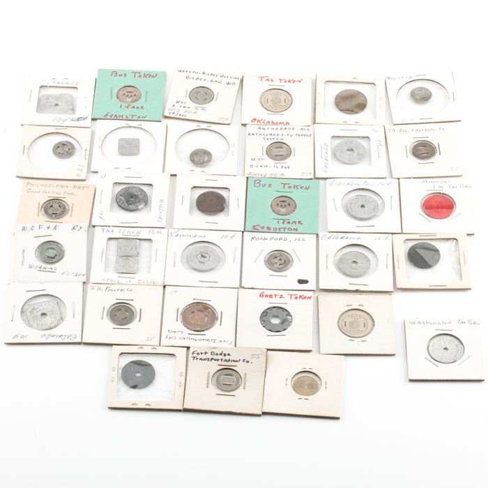 Group of Thirty-Four Tax and Transportation Tokens