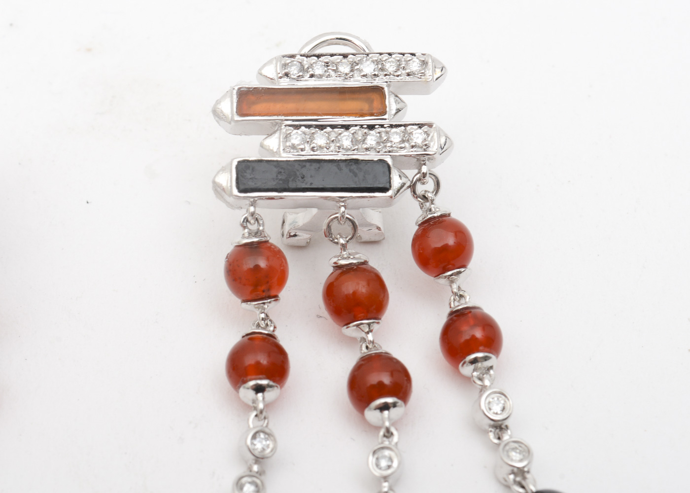 14K White Gold, Diamond, Carnelian, and Onyx Chandelier Earrings