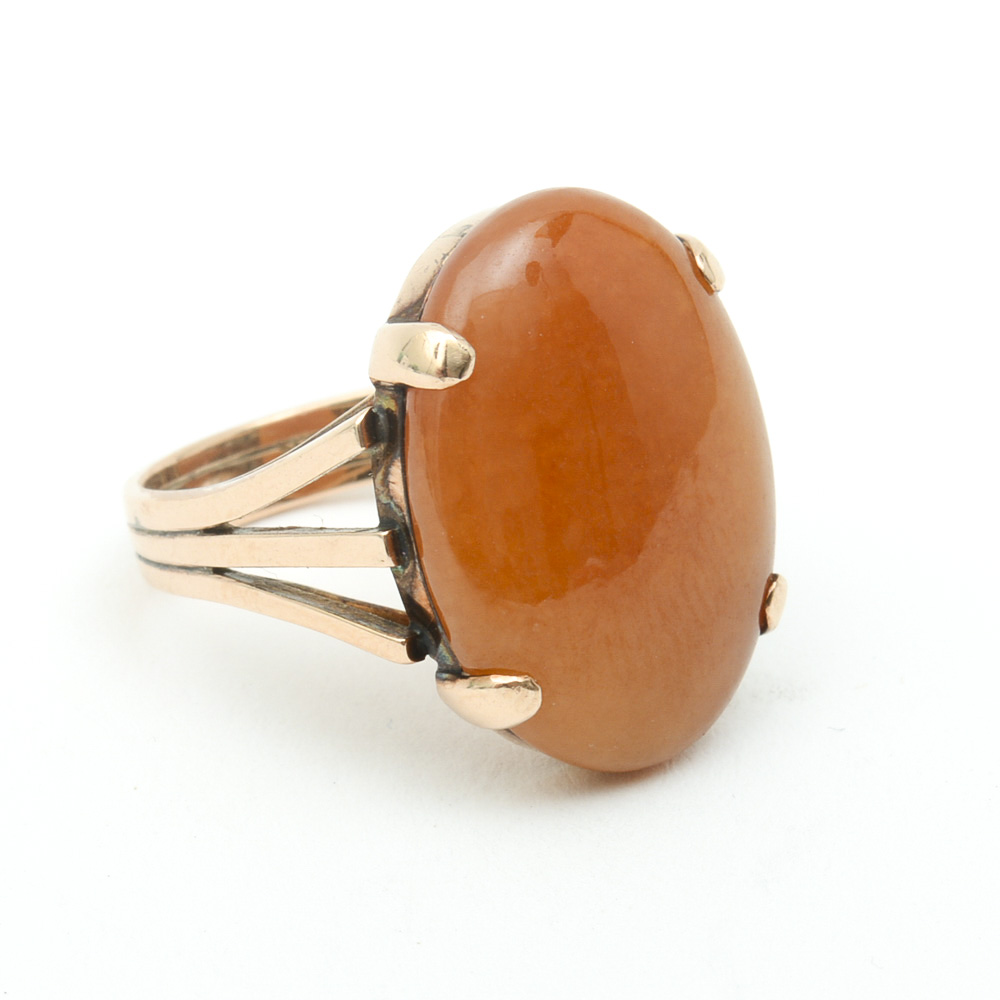 14K Yellow Gold and Dyed Orange Jade Cocktail Ring
