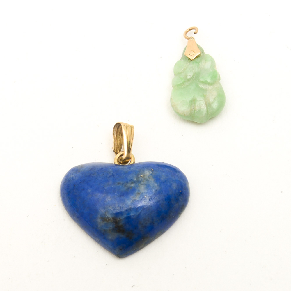 14K Yellow Gold, Jadeite Jade, and Lapis Lazuli Pendants