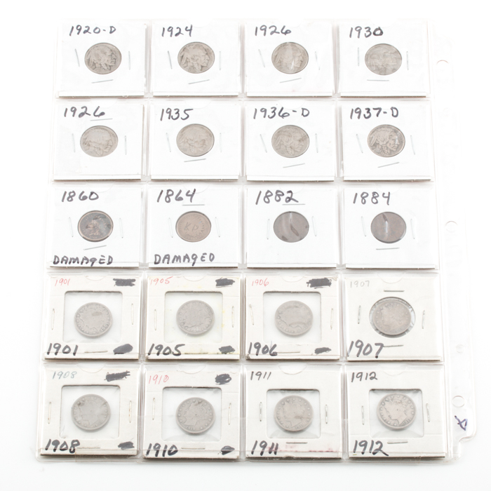 Album Page of Buffalo Nickels, Indian Head Cents and Liberty Head "V" Nickels