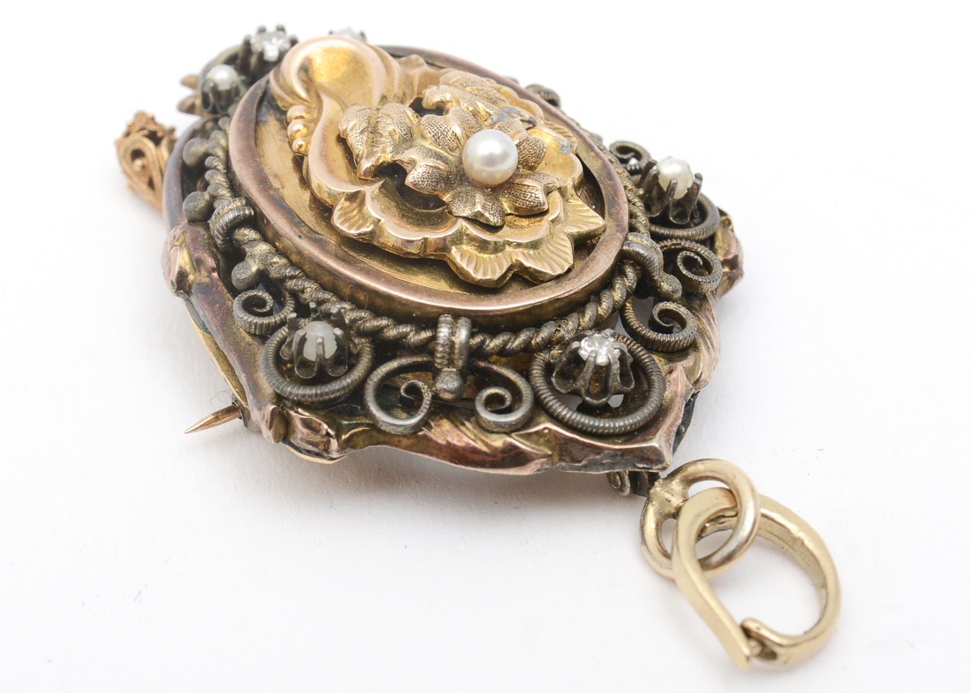 Antique Victorian 10K Yellow Gold, Seed Pearl, and Diamond Mourning Locket