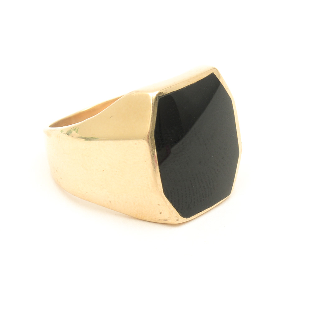 14K Yellow Gold and Octagonal Onyx Flat Top Ring