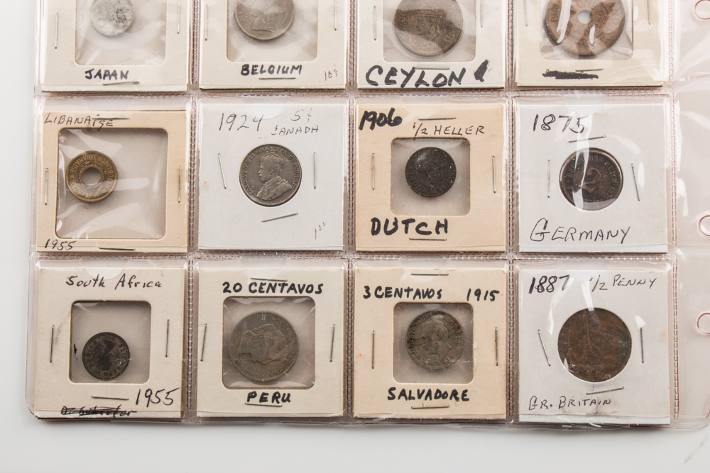Album Page of Twenty Vintage and Antique Foreign Coins