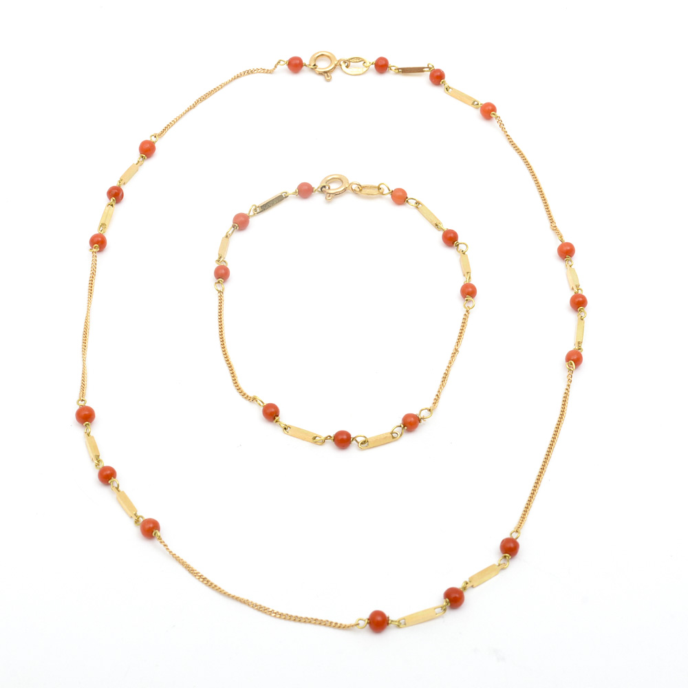 18K Yellow Gold and Coral Demi Parure
