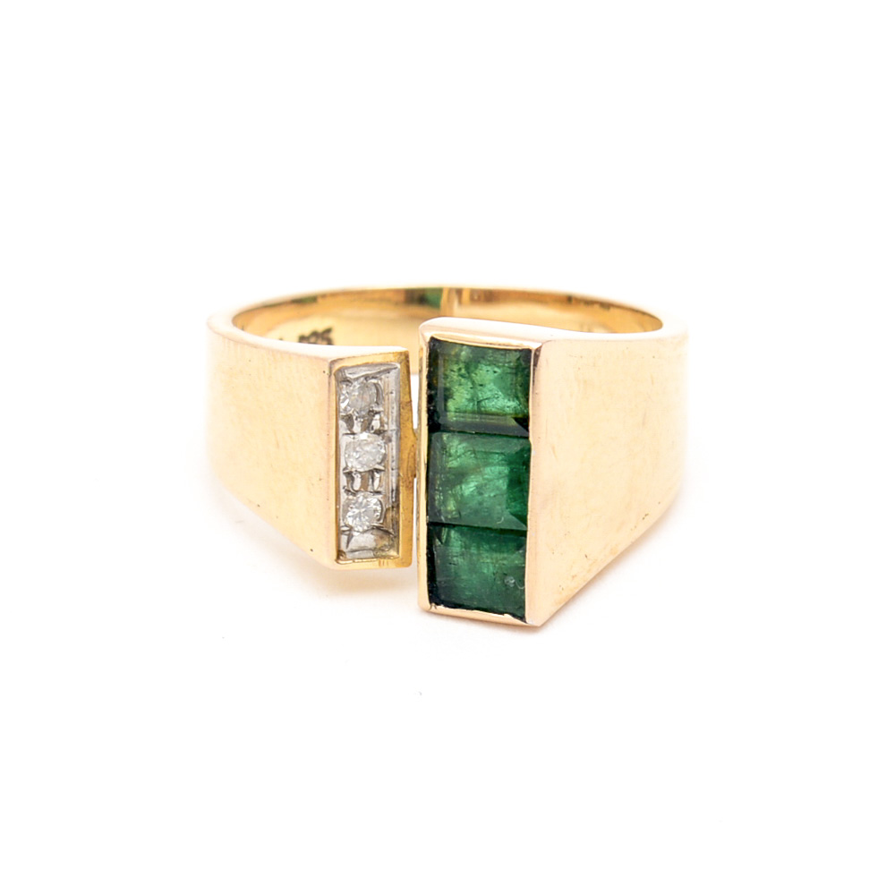 14K Yellow Gold, Synthetic Emerald, and Diamond Open Front Ring