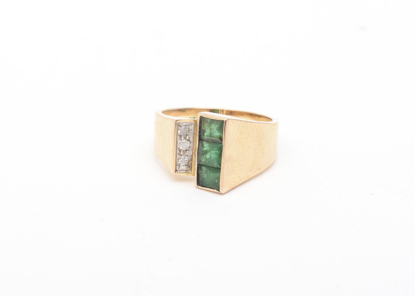 14K Yellow Gold, Synthetic Emerald, and Diamond Open Front Ring