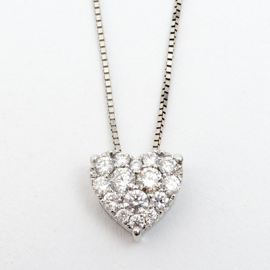 14K White Gold and Pavé Set Diamond Heart Pendant Necklace