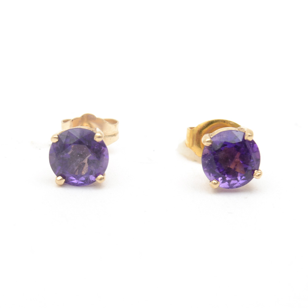 14K Yellow Gold and Amethyst Stud Earrings