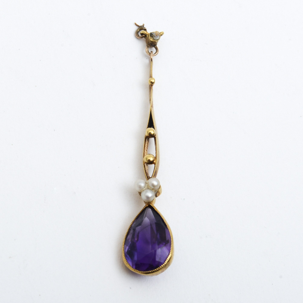Antique Victorian 18K Yellow Gold, Amethyst, and Seed Pearl Drop Pendant