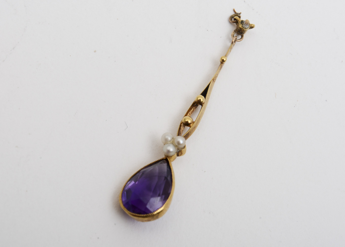 Antique Victorian 18K Yellow Gold, Amethyst, and Seed Pearl Drop Pendant
