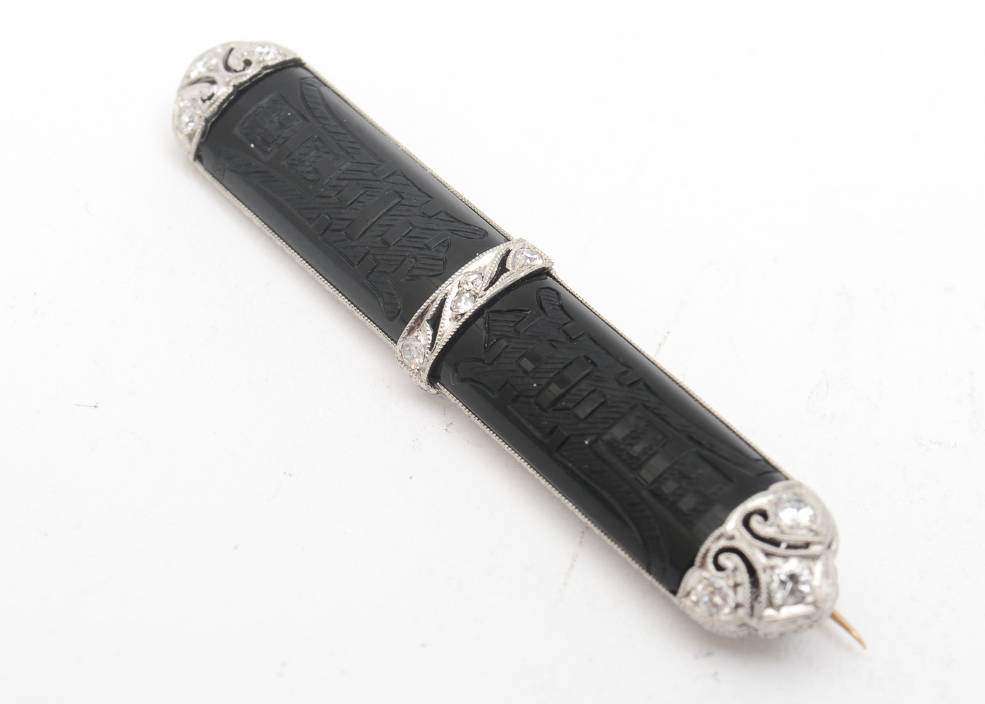 Vintage Art Deco Platinum, 14K Yellow Gold, Diamond, and Onyx Bar Brooch