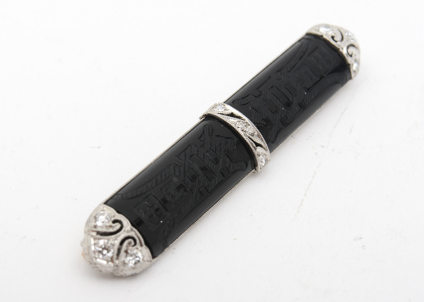 Vintage Art Deco Platinum, 14K Yellow Gold, Diamond, and Onyx Bar Brooch