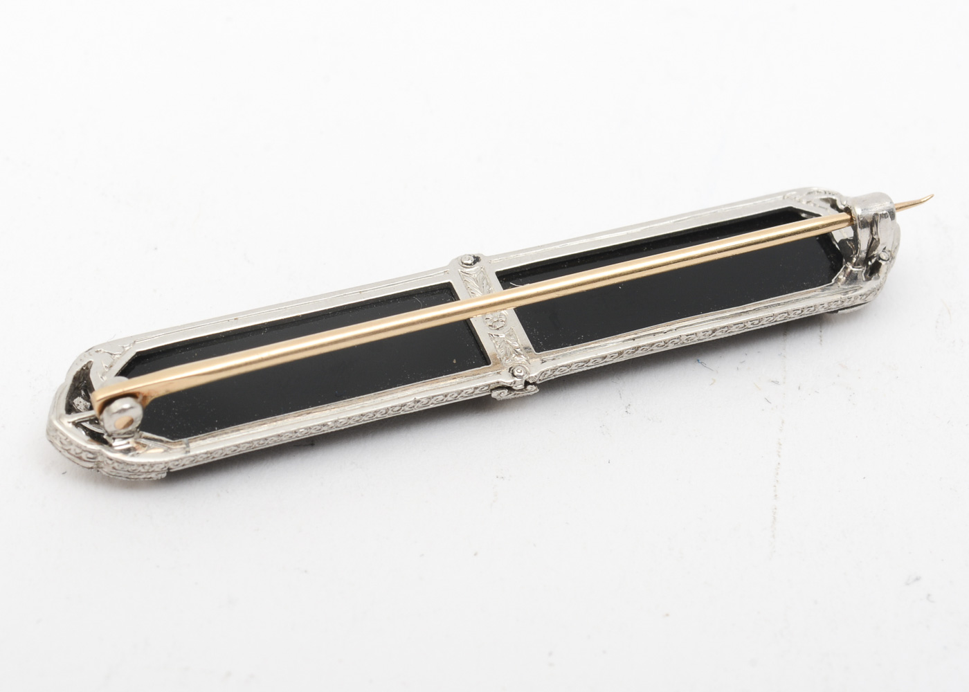 Vintage Art Deco Platinum, 14K Yellow Gold, Diamond, and Onyx Bar Brooch