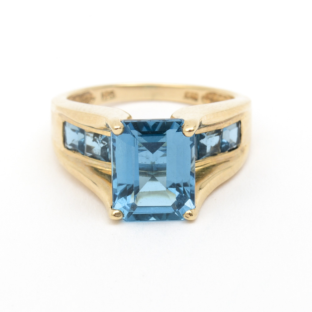 10K Yellow Gold and 5.00 CTW Blue Topaz Cathedral Ring