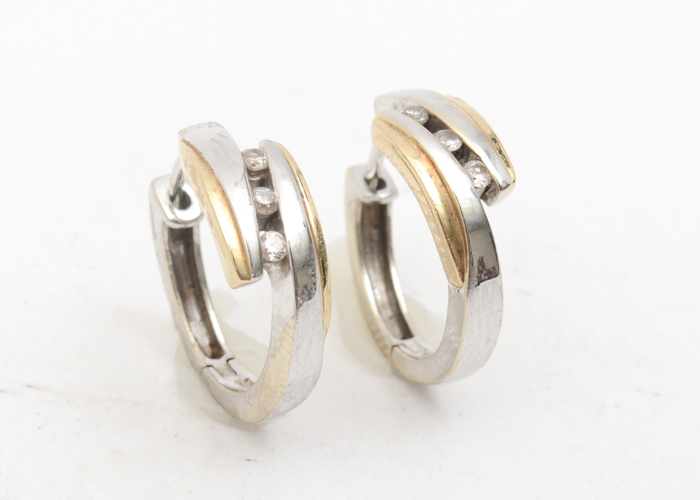 14K Two-Tone Gold and Diamond Bypass Huggie Hoops