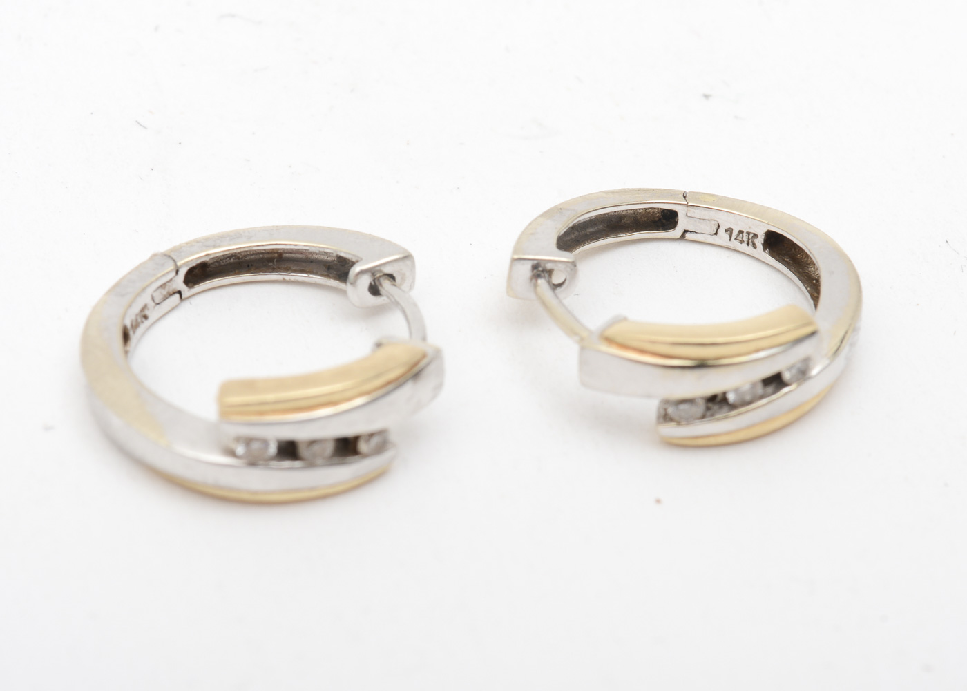 14K Two-Tone Gold and Diamond Bypass Huggie Hoops