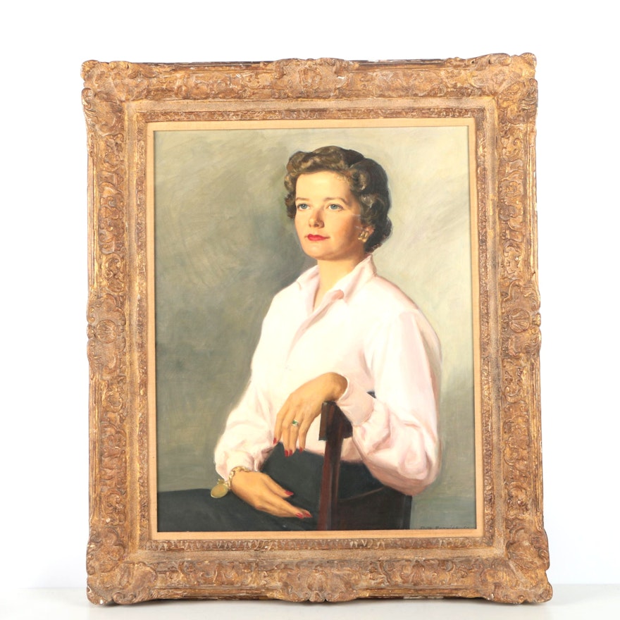 Ruth Renwick 1954 Oil Portrait on Canvas Board of Woman in Pale Pink Shirt