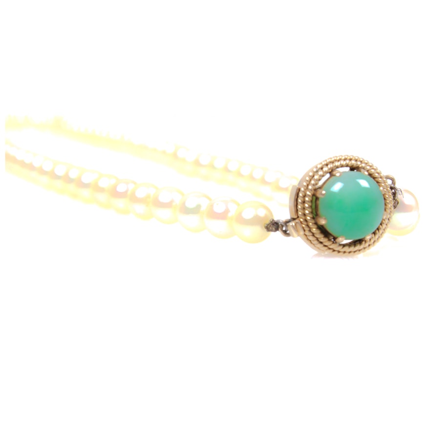 Strand of Cultured Pearls With Natural Jade Clasp and 14K Yellow Gold