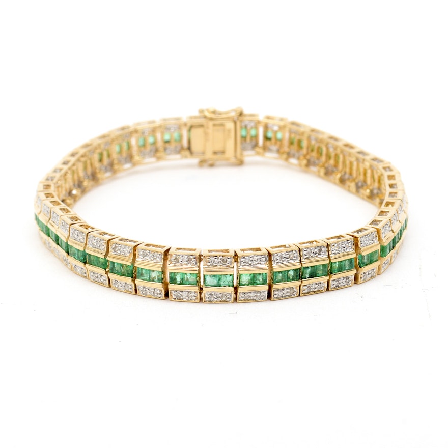 14K Yellow Gold, Emerald, and 2.00 CTW Diamond Bracelet