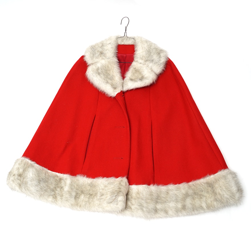 Suburban Miss Red Wool and Faux Fur Trimmed Cape