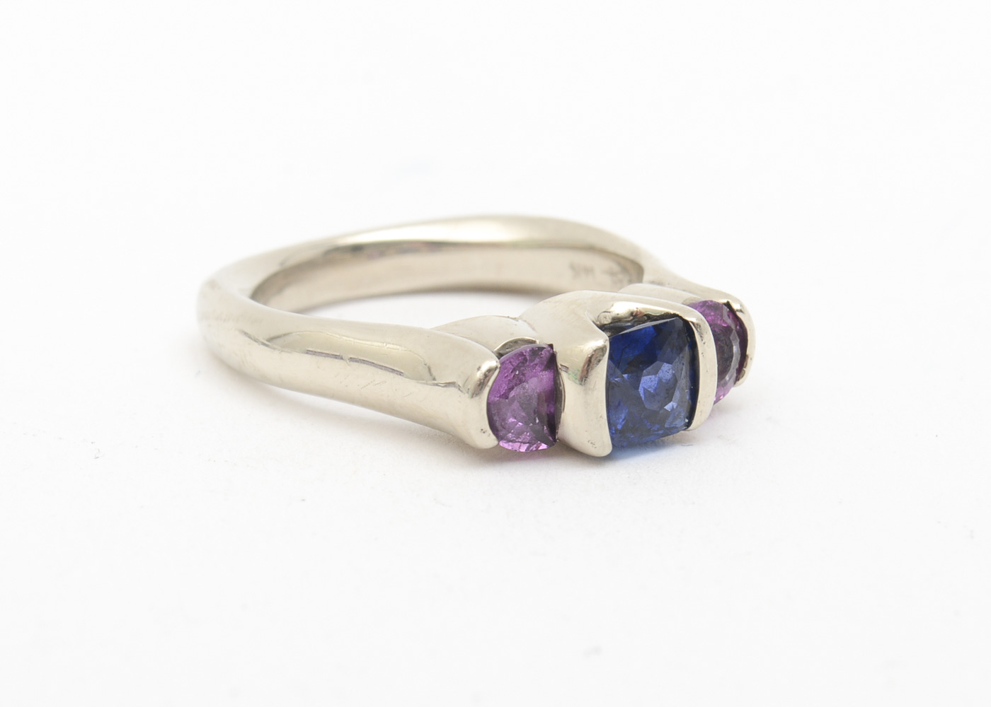 14K White Gold Three Stone Ring with Pink and Blue Sapphires