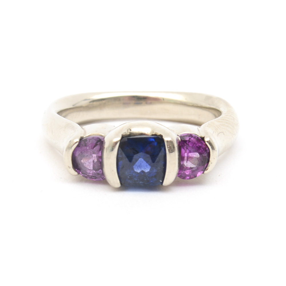 14K White Gold Three Stone Ring with Pink and Blue Sapphires