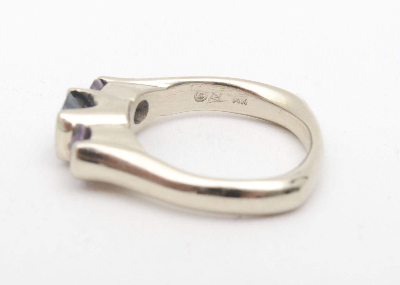 14K White Gold Three Stone Ring with Pink and Blue Sapphires