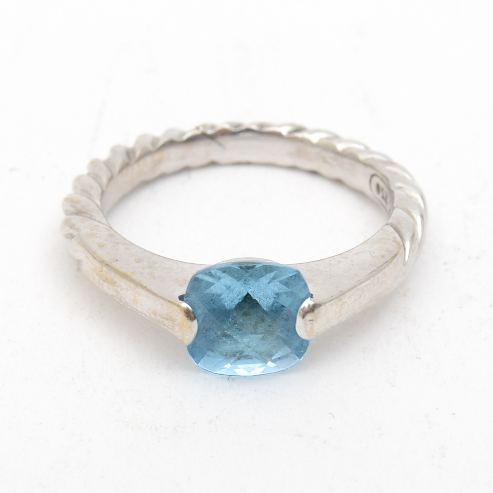 David Yurman 18K White Gold and Blue Topaz Twisted Ring