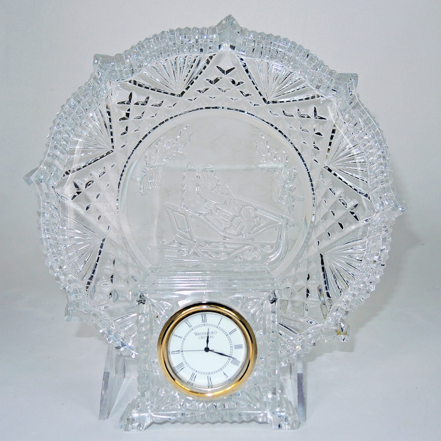 Waterford Crystal "Songs of Christmas" Plate and "Pavillion" Desk Clock