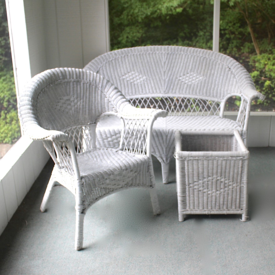 White Wicker Patio Furniture with Loveseat, Chair and Planter