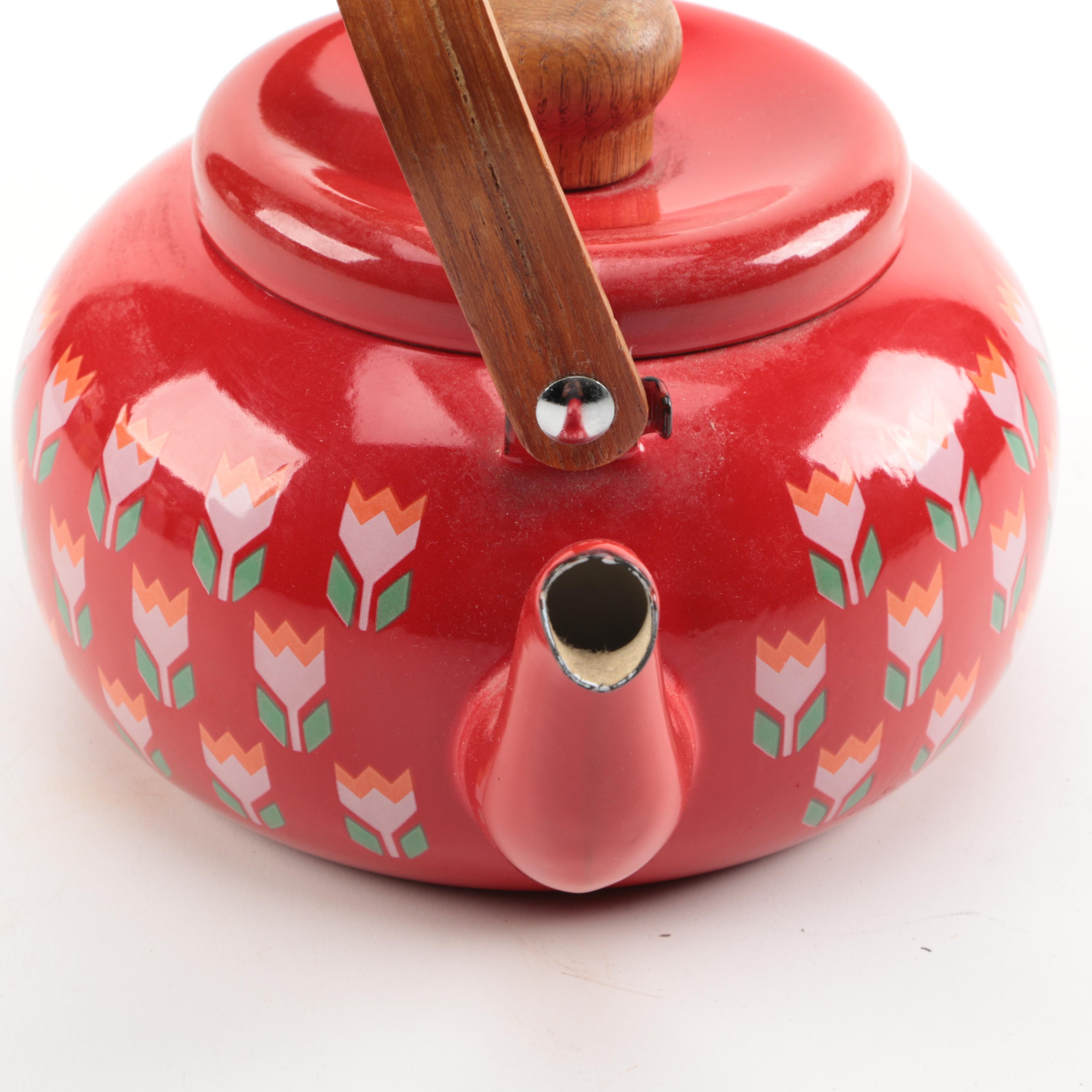 Vintage Danish Modern Tea Kettle with Tulip-Patterned Red Enamel and Teak Handle and Fop
