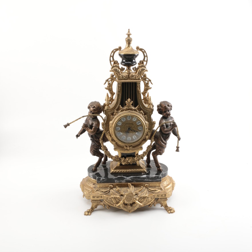 Italian Brass, Bronze and Marble Mantel Garniture Clock