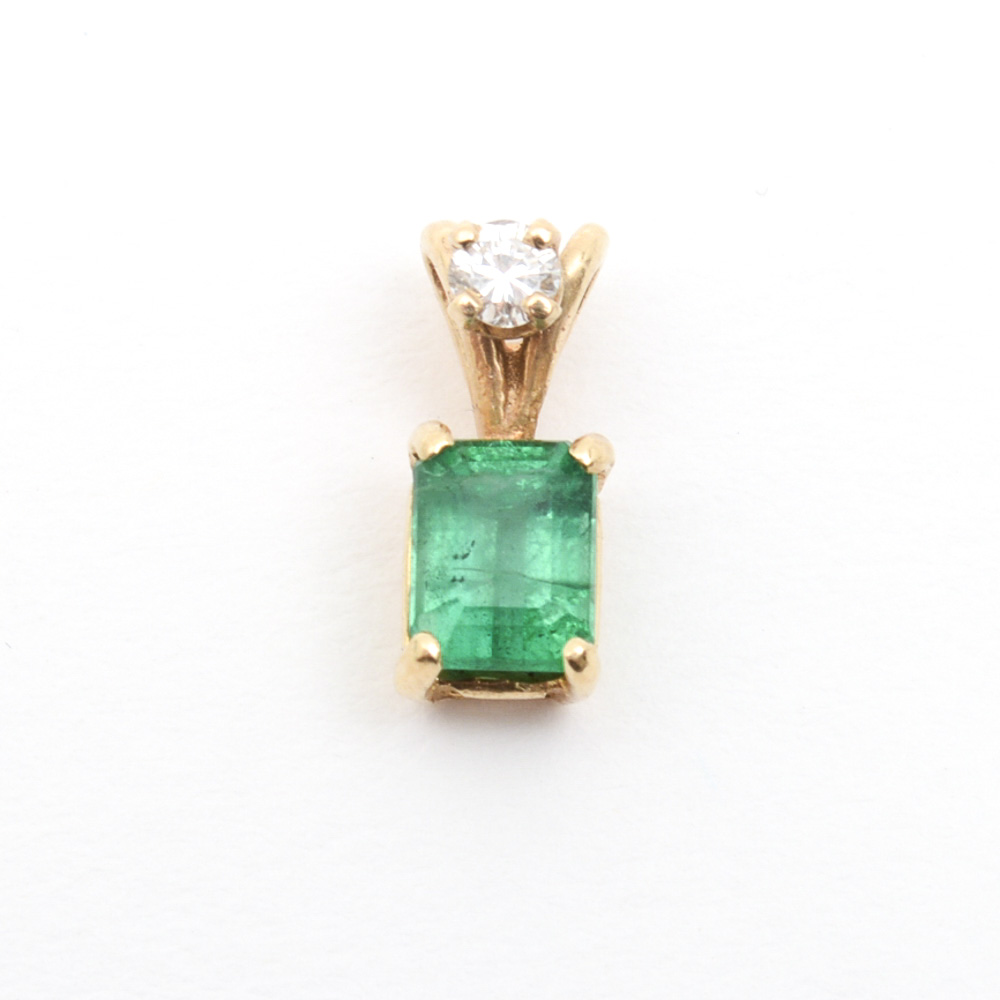 14K Yellow Gold, Emerald, and Diamond Pendant