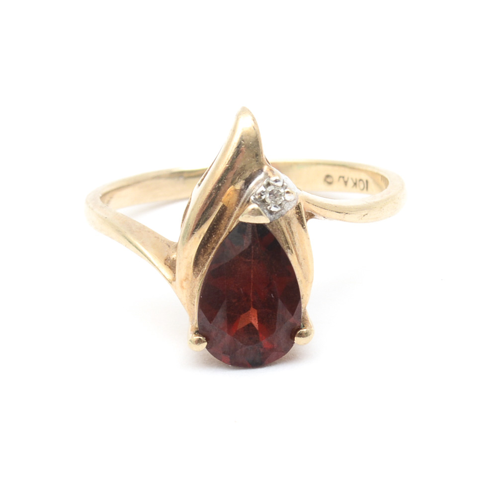 Vintage 10K Yellow Gold, Garnet, and Diamond Bypass Ring
