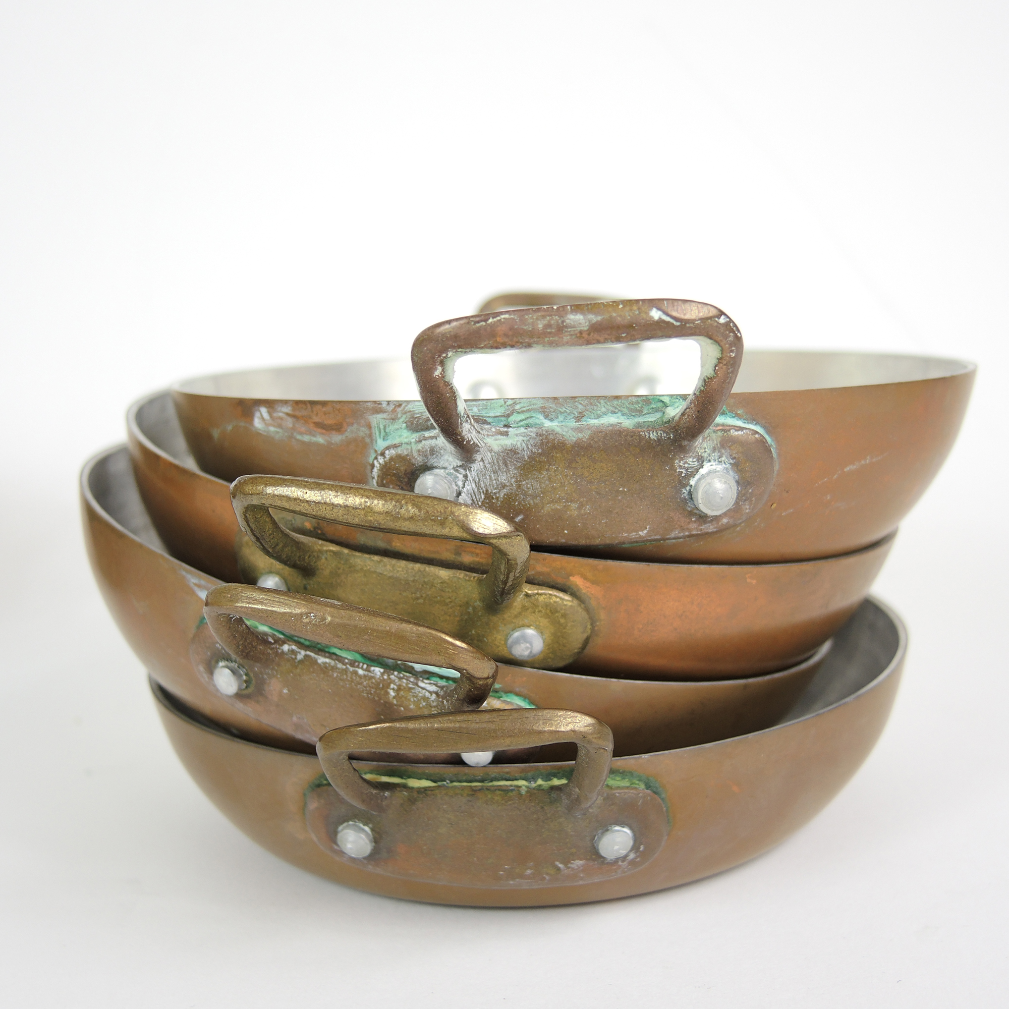 Vintage Copper Clad Cookware and Brass Dinner Bell