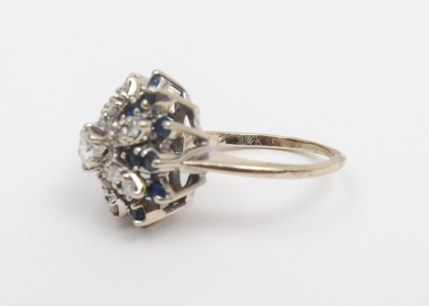 14K White Gold, Diamond and Sapphire Starburst Ring