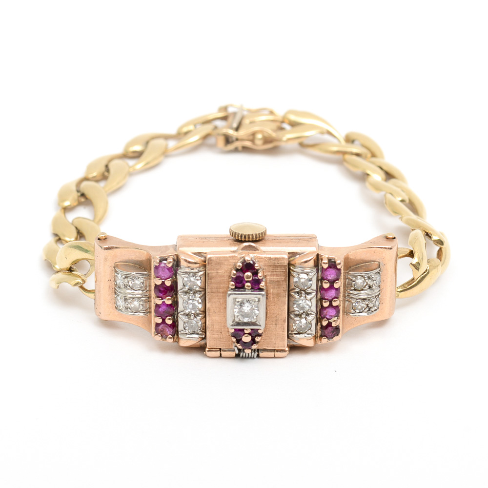 Vintage Lucerne 14K Gold, Ruby, and Diamond Watch