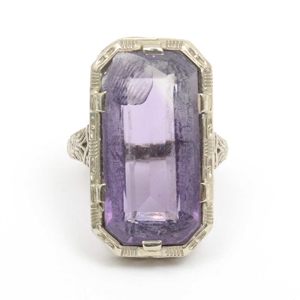 Belais Art Deco 14K White Gold and 8.00 CTS Amethyst Filigree Ring