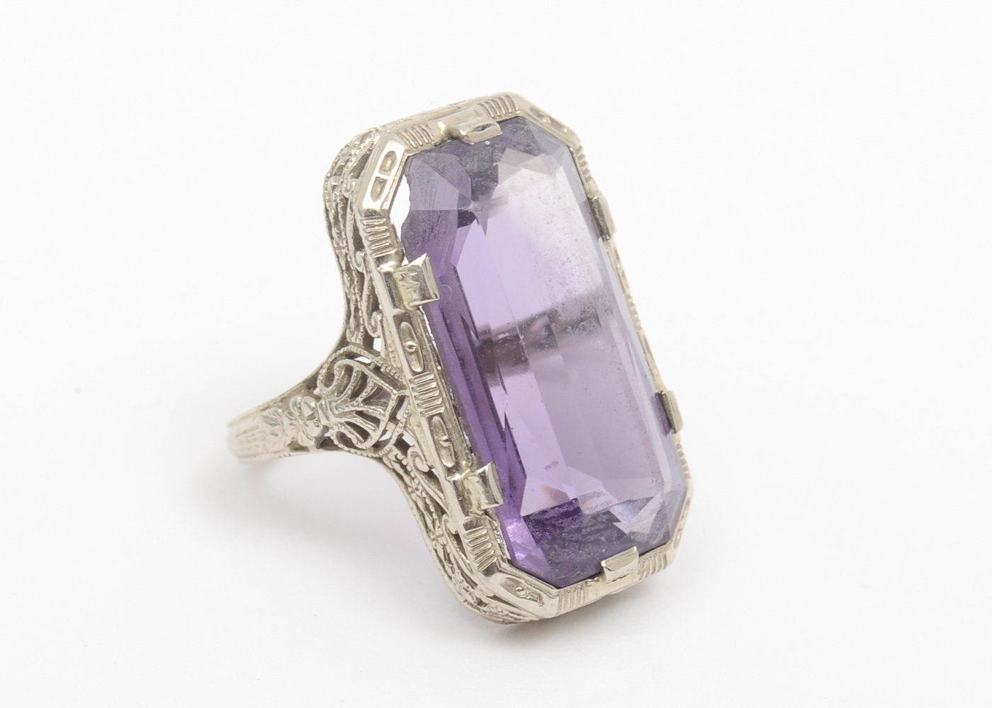 Belais Art Deco 14K White Gold and 8.00 CTS Amethyst Filigree Ring