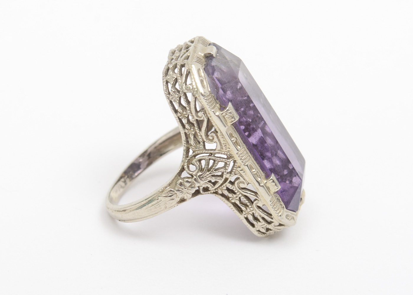 Belais Art Deco 14K White Gold and 8.00 CTS Amethyst Filigree Ring