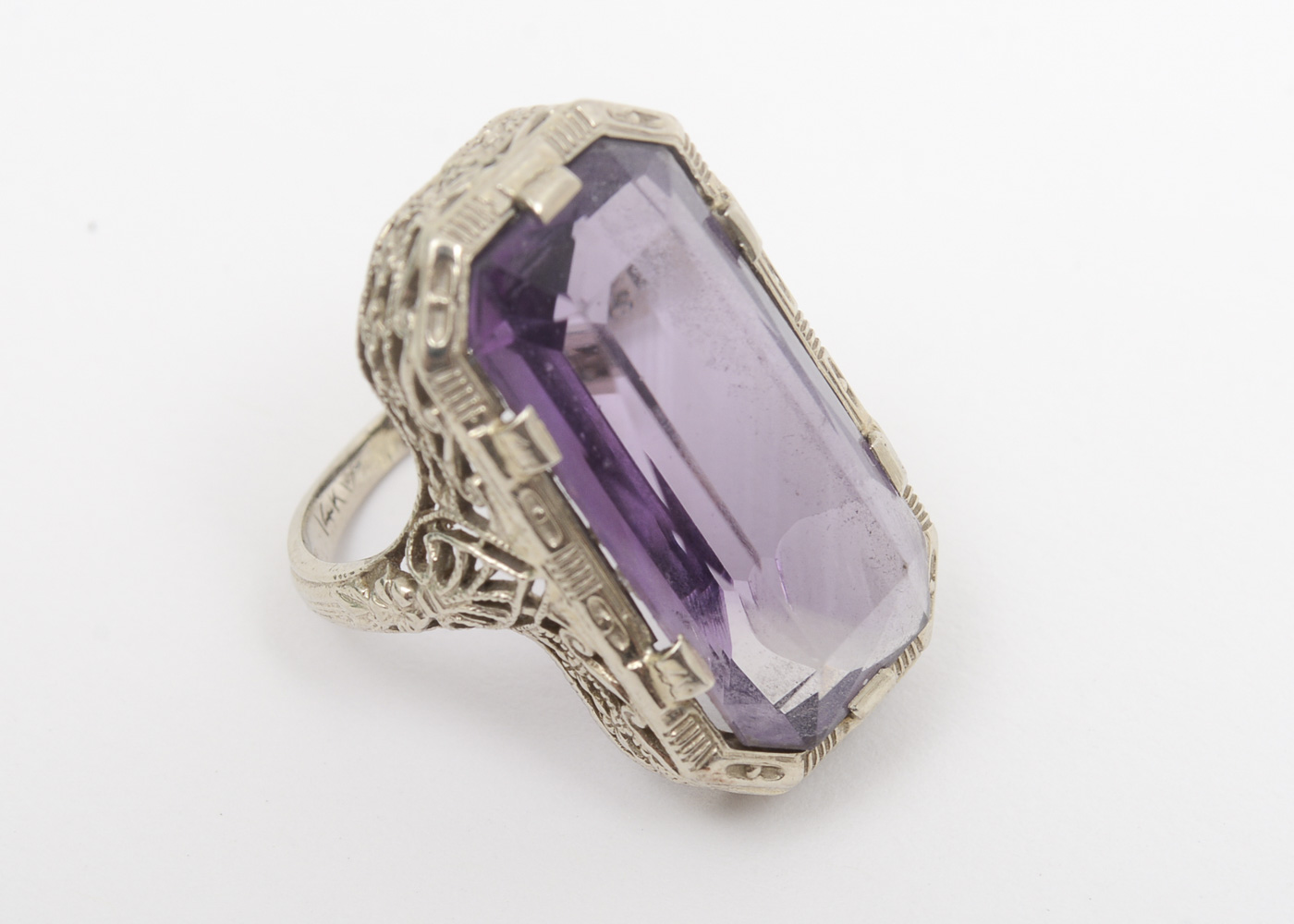 Belais Art Deco 14K White Gold and 8.00 CTS Amethyst Filigree Ring