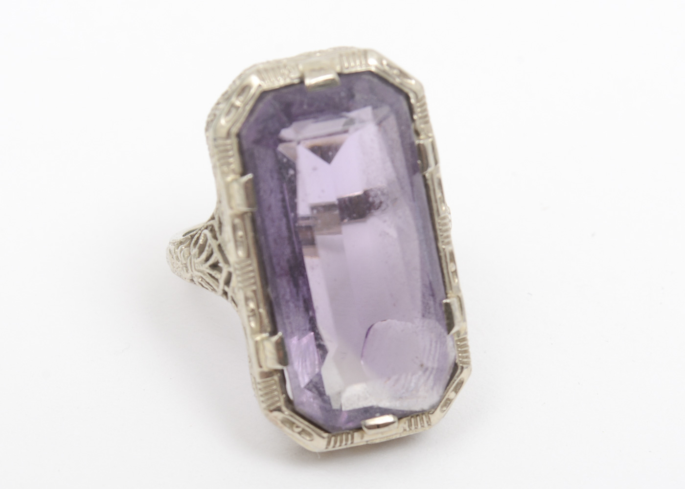 Belais Art Deco 14K White Gold and 8.00 CTS Amethyst Filigree Ring