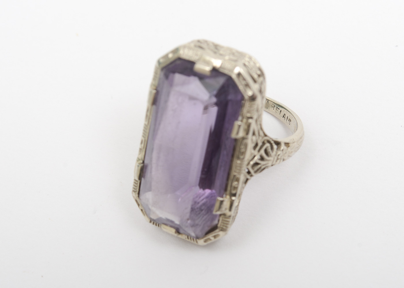 Belais Art Deco 14K White Gold and 8.00 CTS Amethyst Filigree Ring