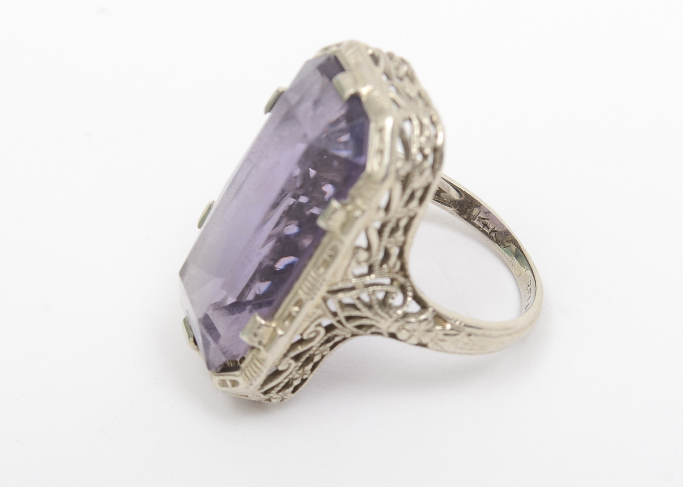 Belais Art Deco 14K White Gold and 8.00 CTS Amethyst Filigree Ring