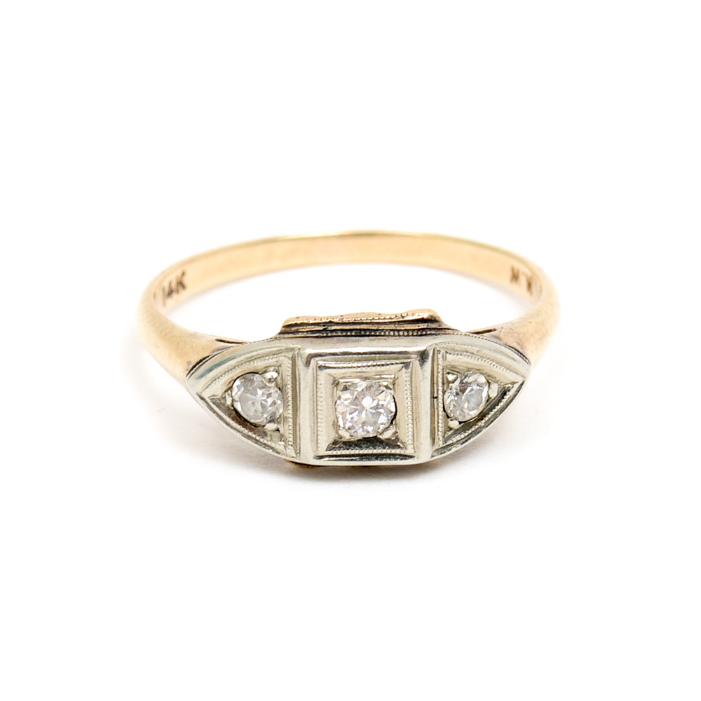 Retro 14K Two-Tone Gold and Diamond Three Stone Engagement Ring