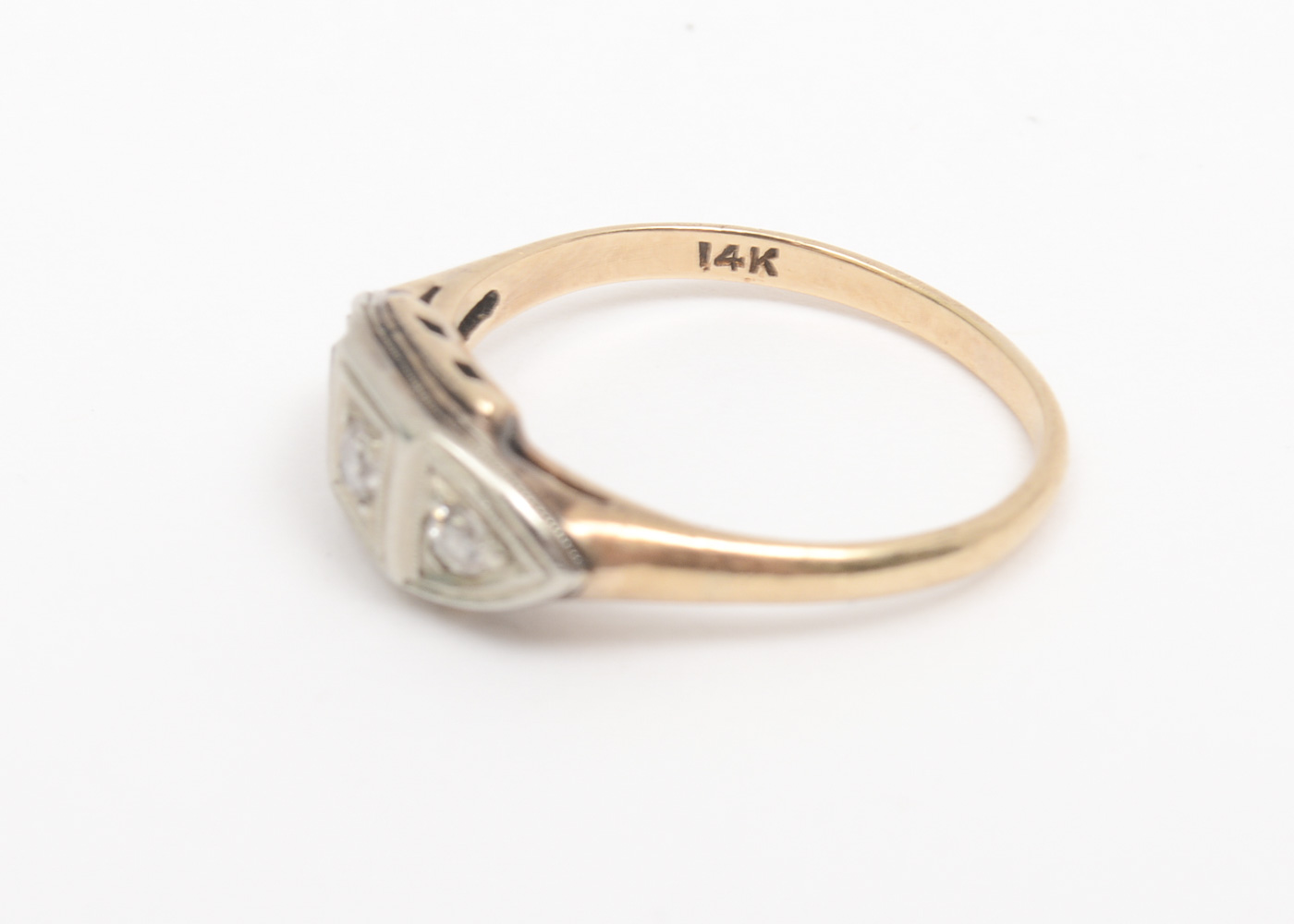 Retro 14K Two-Tone Gold and Diamond Three Stone Engagement Ring